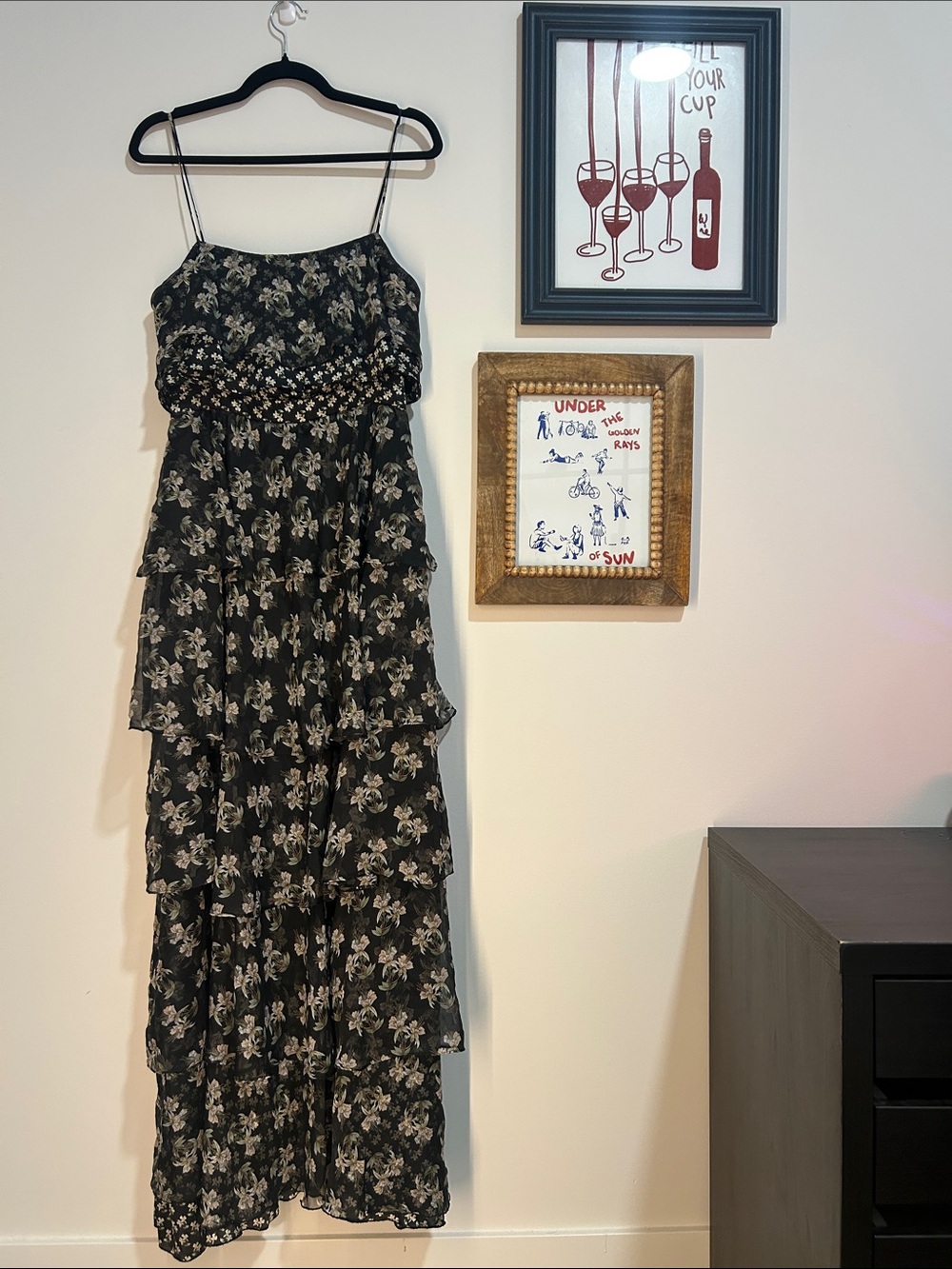 Jill Stuart Black Floral Maxi Ruffle Gown